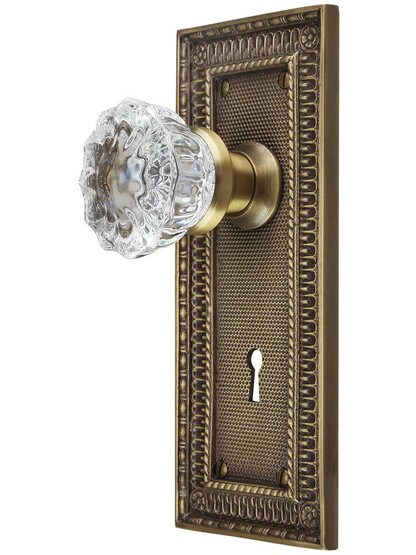 Pisano Design Mortise-Lock Set with Fluted Crystal Glass Knobs in Antique Brass.